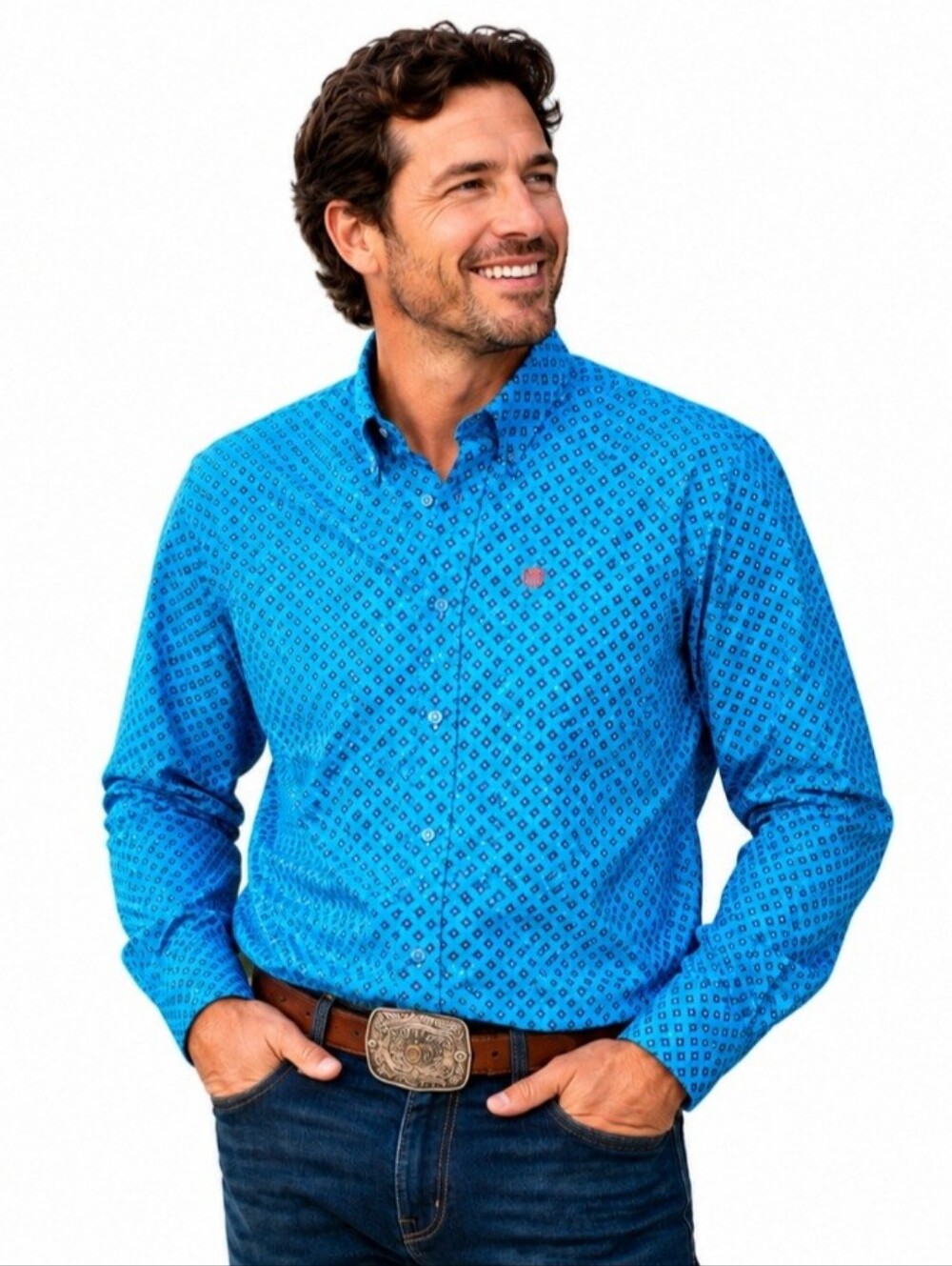 Cinch Mens Western Shirt SZ Medium Blue Geometric Print Button Front 100% Cotton